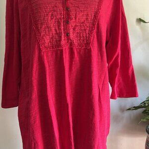 Sz 2XL EDDIE BAUER Red Top Shirt Yoke V-Neck 3/4 Sleeve Cotton BoHo Festival Ca